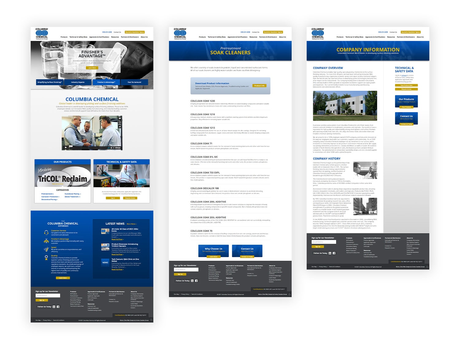 Three mockup images of Columbia Chemical website