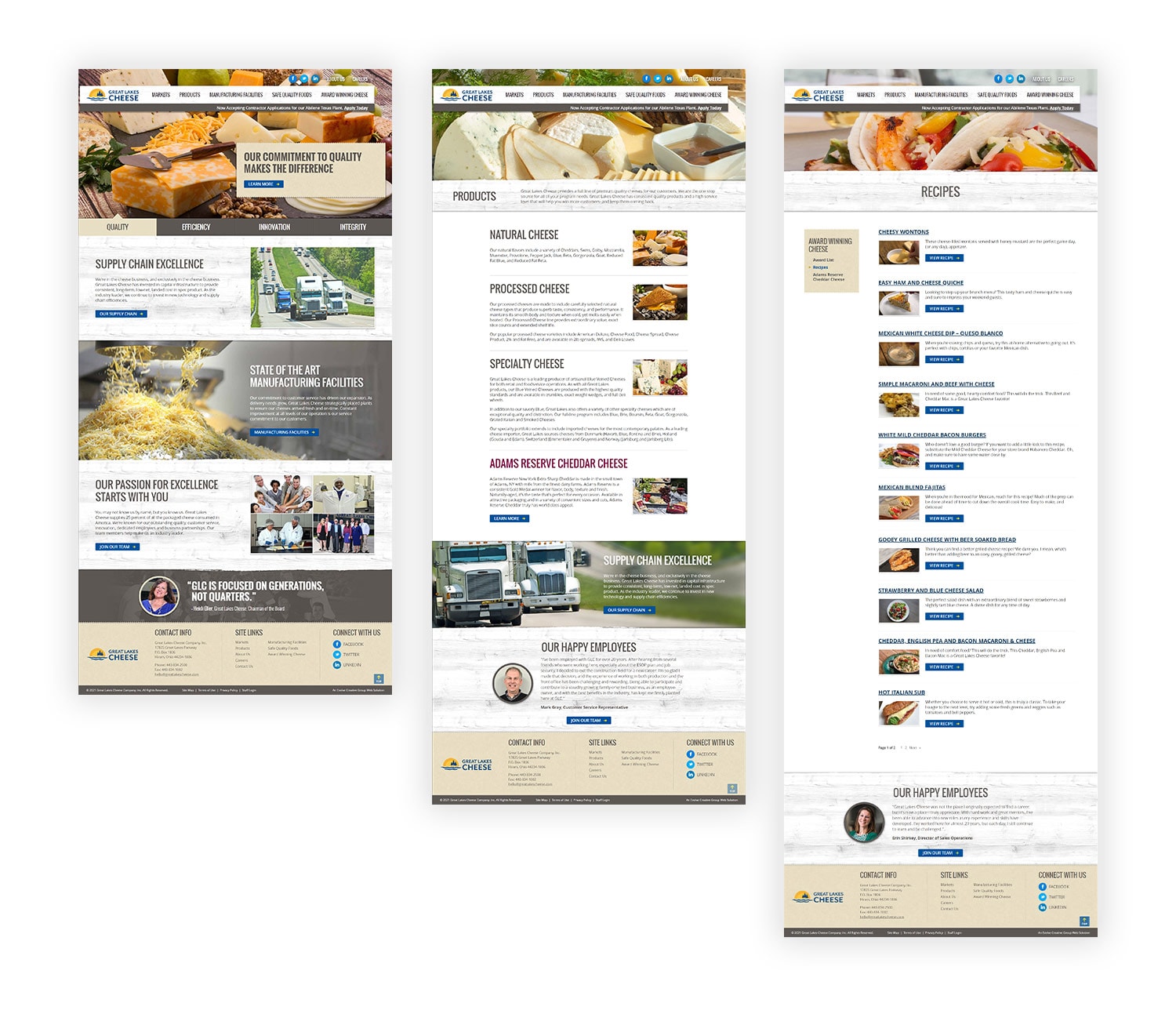 Three mockup images of Great Lakes Cheese site