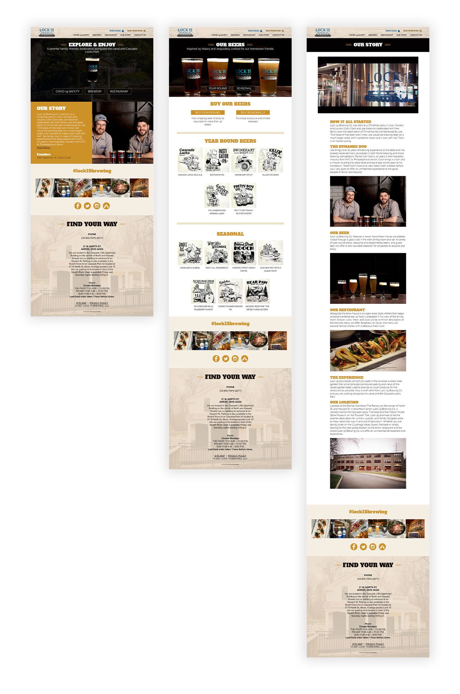 Three mockup images of Lock 15 Brewing Company website