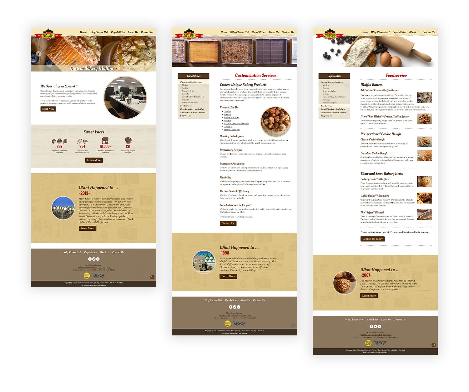 Three mockup images of Main Street Gourmet website