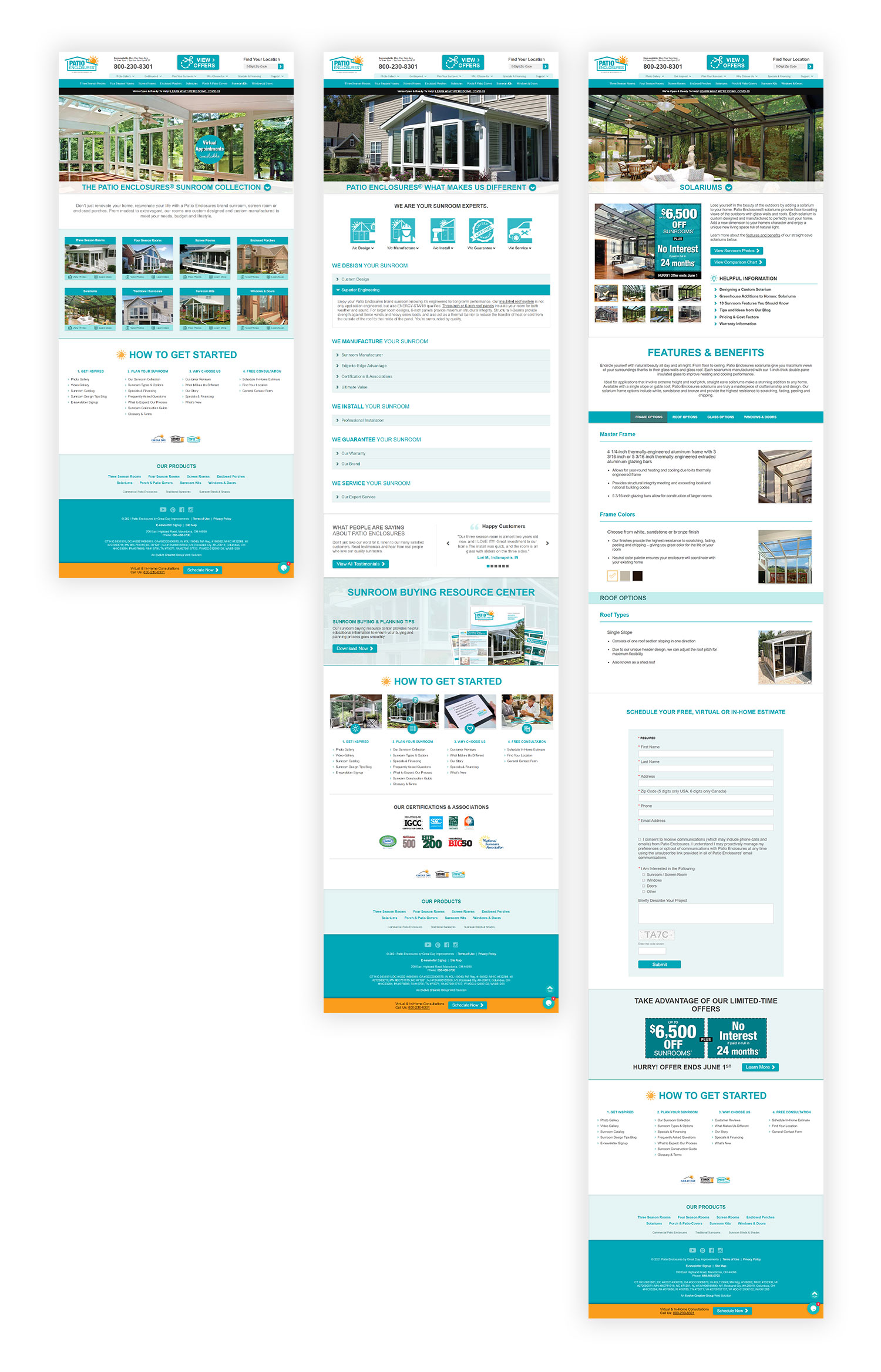 Three mockup images of Patio Enclosures website