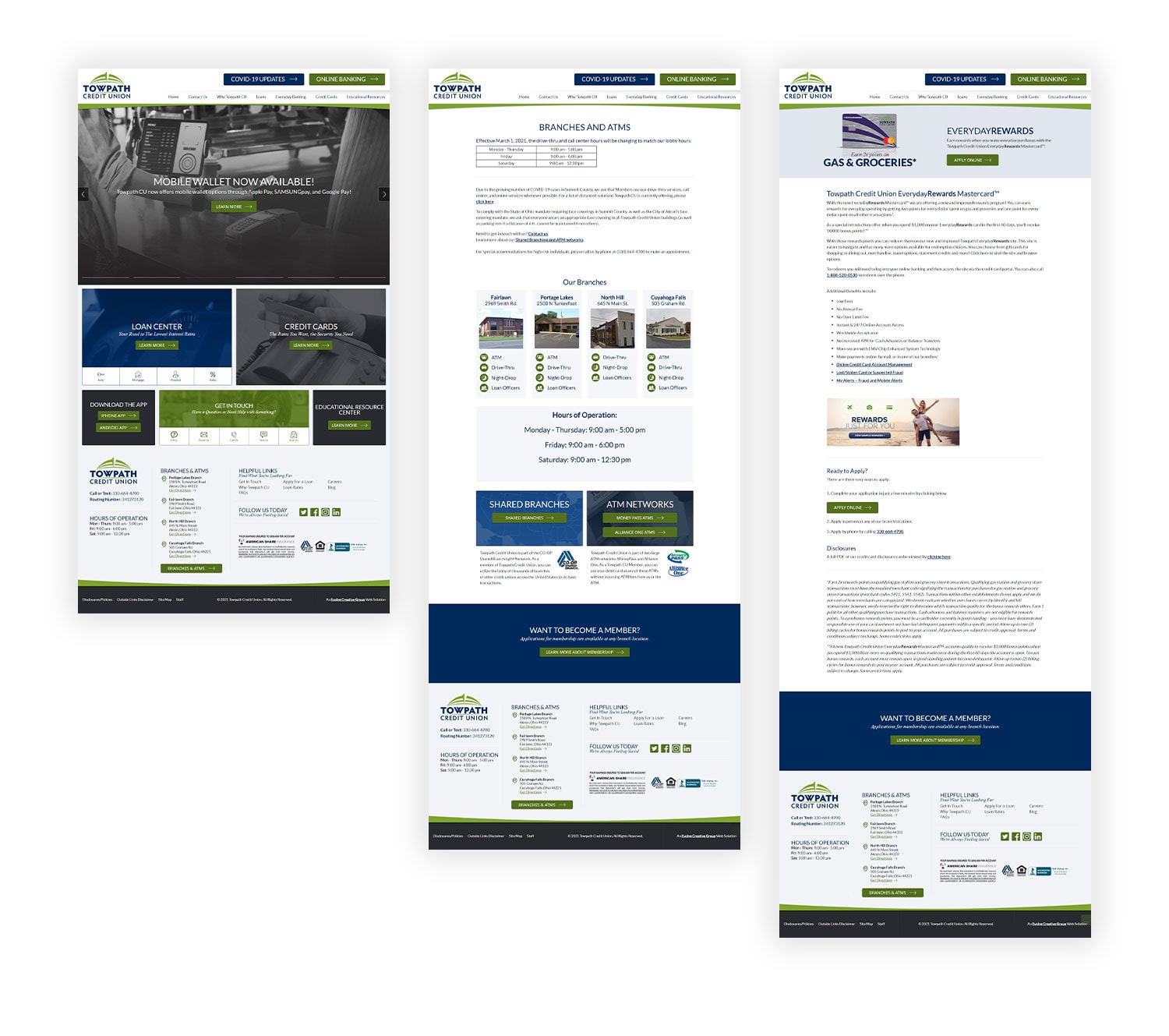 Three mockup images of Towpatch Credit Union website