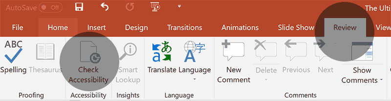 ADA Web Accessibility PowerPoint Menu Bar Screen Capture