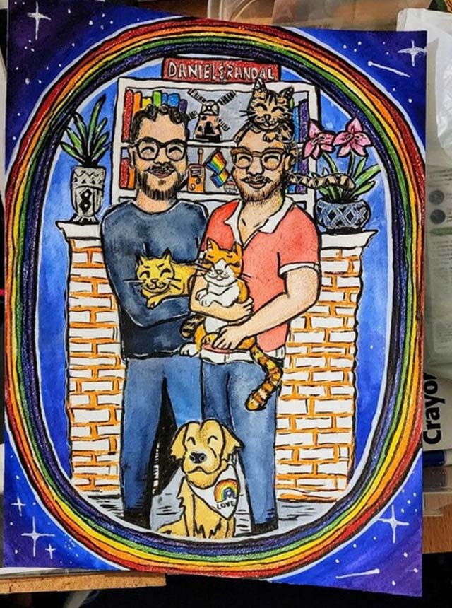 Randal and Daniel with cats and dog illustration