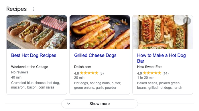 Example of how a rich snippet will appear for a search on recipes.