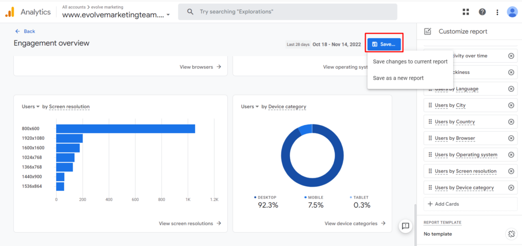 Where to find the save button to save customizations made to the GA4 report.