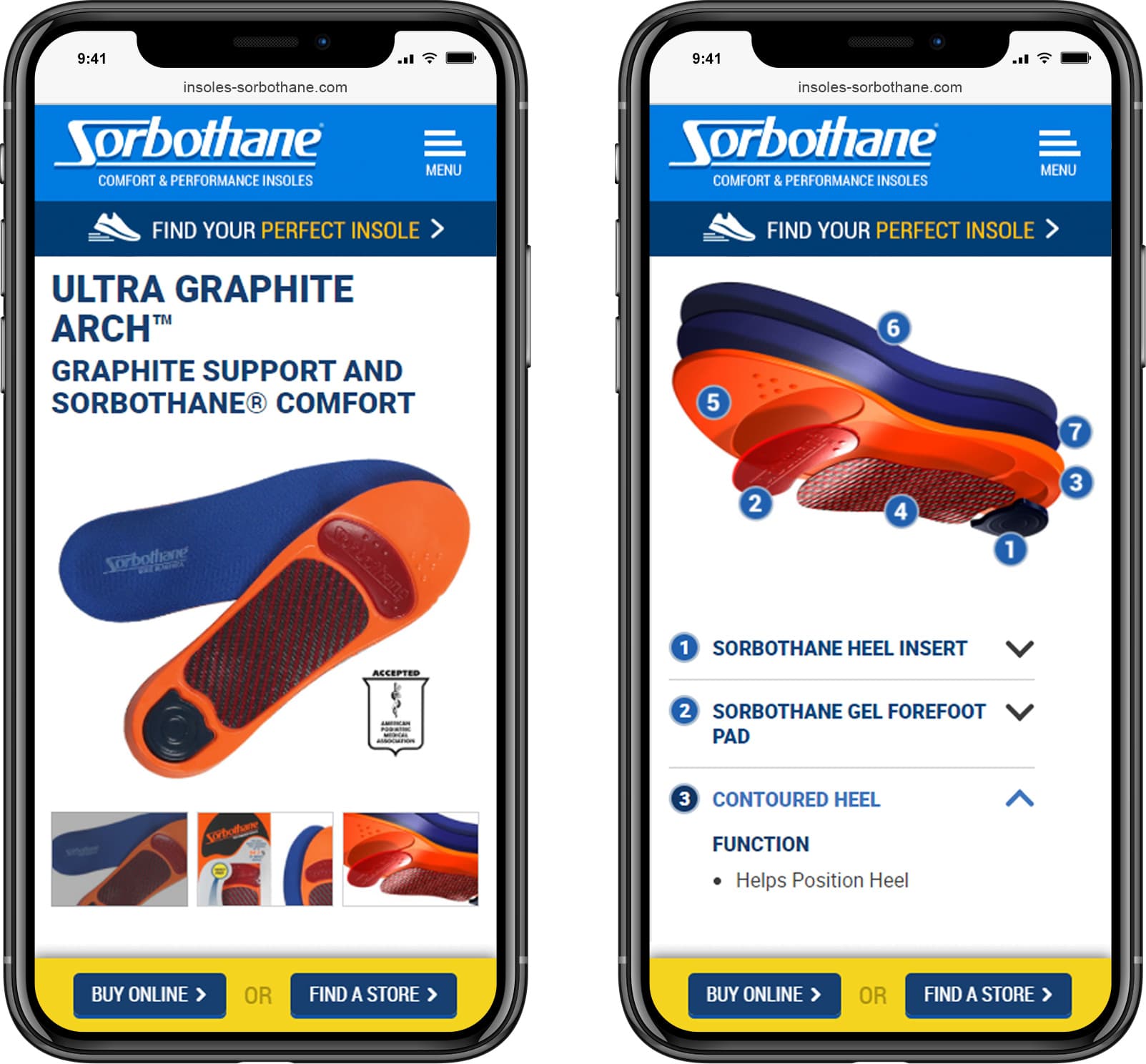Sorbothane Insoles website product page design on mobile