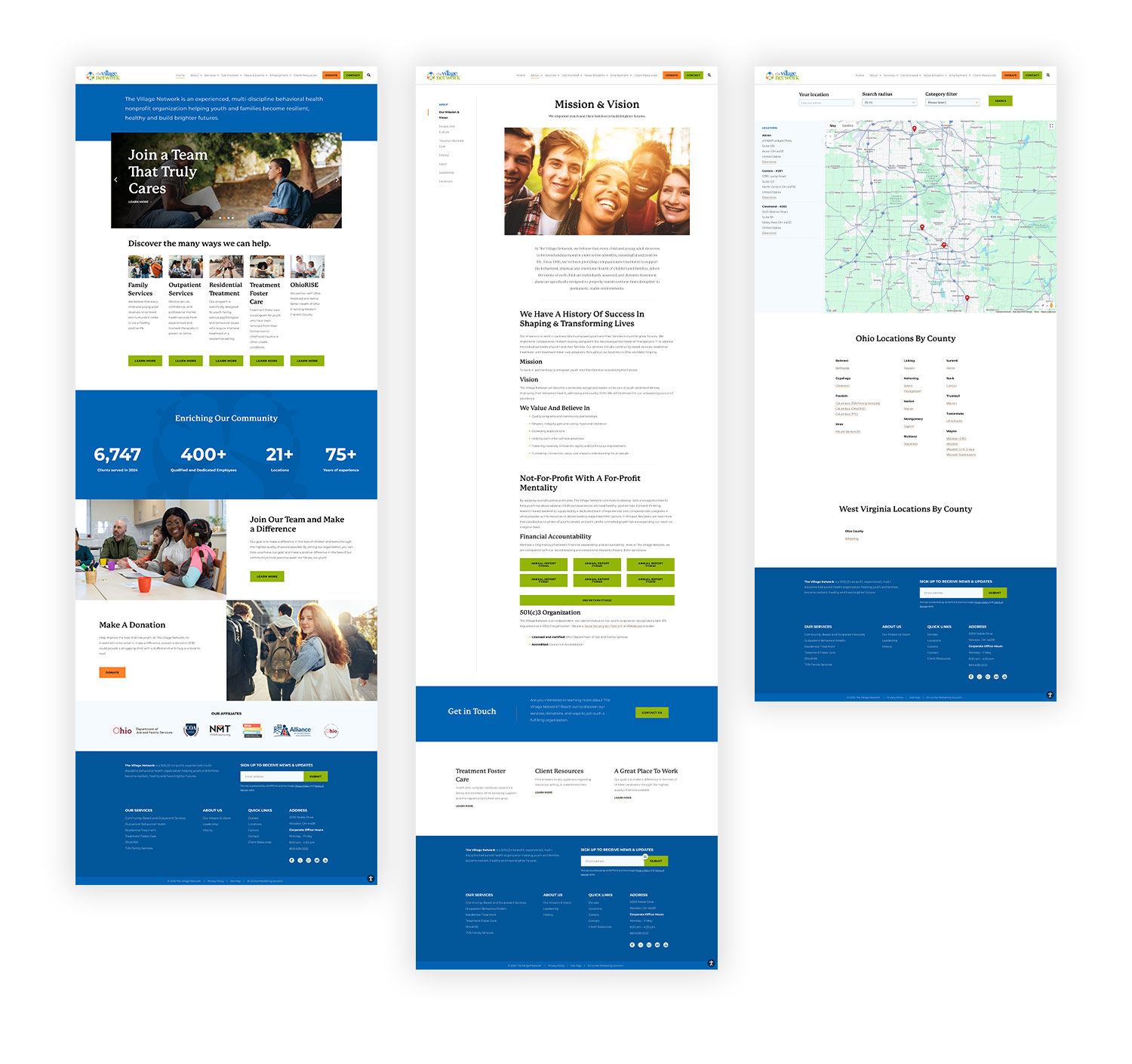 Three subpages of The Village Network's website, including the careers page, the mission & vision page, and the locations page.